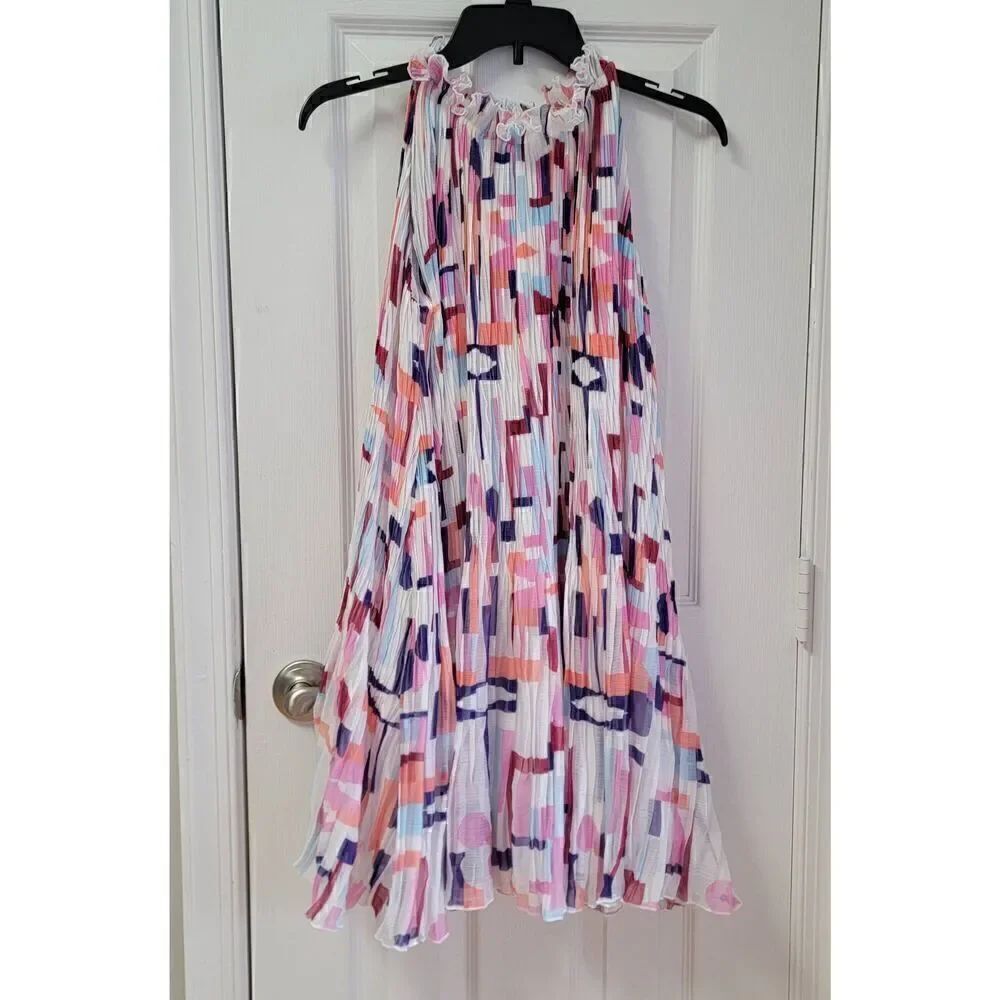 LIN Pleated Halter A-Line Summer  Mini Sexy Dress S